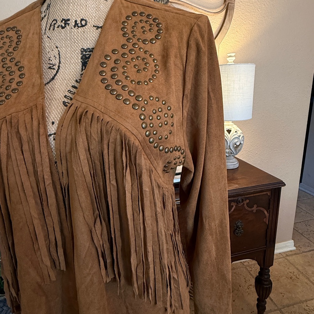 Vocal Camel Brown Western Faux Suede Fringe & Stud Jacket - Picture 4 of 10